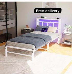 Single Bed Frame with Headboard&LED Lights,Heavy Duty Metal Platform Bed Frame Single with Charging Station,