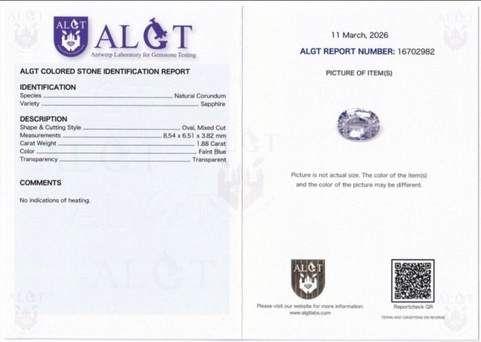 ALGT Certified 1.88ct Natural Sapphire Faint Blue. Unheated & Lab Sealed