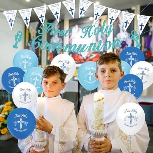 Holy Communion Decorations for Boy, Blue First Holy Communion Decorations Confirmation Decorations, Cross, Pigeon Banner Pennant Bunting, Balloons,Cake Topper for Boys Communion Christening Gift