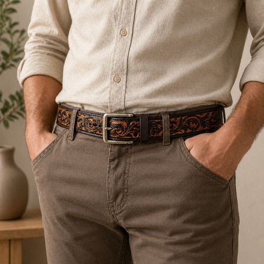 Unisex Genuine Leather Belt Vintage Embossed Design with Antique Buckle Casual & Formal Waist Belt