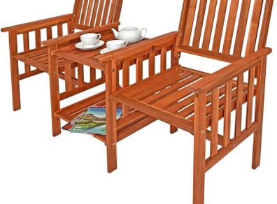 Garden chairs with integrated Table Weatherproof, 2 Shelves in Solid Acacia Wood