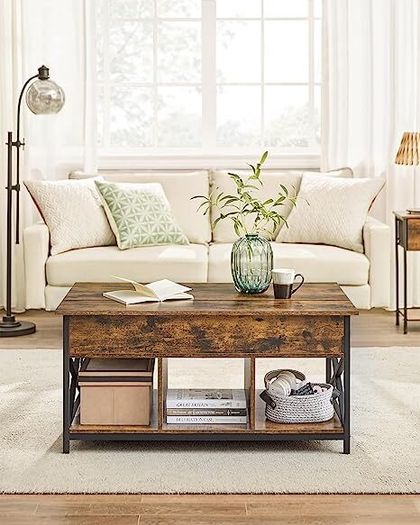 Retro Coffee Table Vintage Height-Adjustable Living Room Table, Coffee Table, Open and Hidden Storage Space, X-Braces, 60 x 100 x (48-62) cm, Vintage Brown/Black
