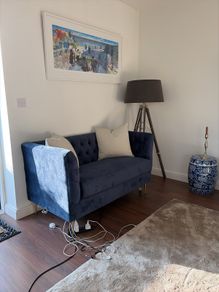 Stunning Blue Velvet 4ft Settee with Brass Legs. Perfect Condition!