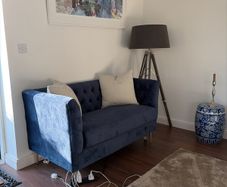 Stunning Blue Velvet 4ft Settee with Brass Legs. Perfect Condition!