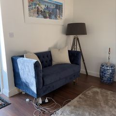 Stunning Blue Velvet 4ft Settee with Brass Legs. Perfect Condition!