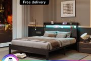 King Bed Frames with 5ft Upholstered Wooden Two-shelf Storage Headboard, Charging Station,LED Lights