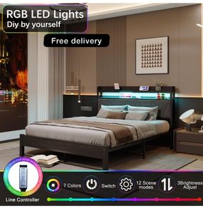 King Bed Frames with 5ft Upholstered Wooden Two-shelf Storage Headboard, Charging Station,LED Lights