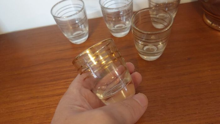 Fabulous Vintage Retro Mid-Century-Modern Small Pale Pink Glass Decanter with Gold and Silver Gilt Banding Plus Five Liqueur Glasses, Irice, Czechoslovakia