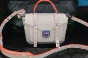 Authentic Michael Kors Manhattan Medium Contrast Trim Leather Satchel Bag in Optical White