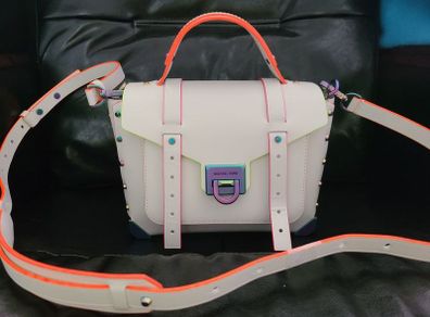 Authentic Michael Kors Manhattan Medium Contrast Trim Leather Satchel Bag in Optical White