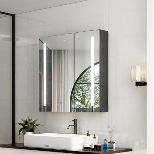 LED Bathroom Mirror Cabinet with Shaver Socket  630 x 650mm, 2-Door Wall-Mounted Vanity with Anti-Fog Demister, 3-Colour Dimmable Lighting Adjustable Glass Shelves