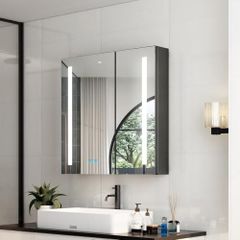 LED Bathroom Mirror Cabinet with Shaver Socket  630 x 650mm, 2-Door Wall-Mounted Vanity with Anti-Fog Demister, 3-Colour Dimmable Lighting Adjustable Glass Shelves