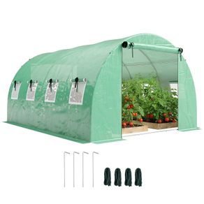 Greenhouse approx. 4 x 3 x 2 m Polytunnel with 2 Roll-Up Zipper Doors & 8 Mesh Windows, Support Bars, Green