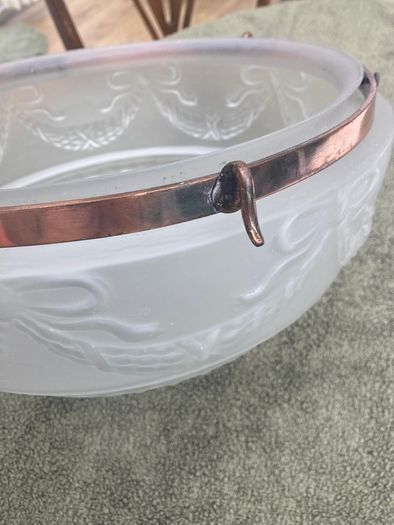 Vintage Art Deco Fluted White Opaque Glass and Copper Ceiling Light