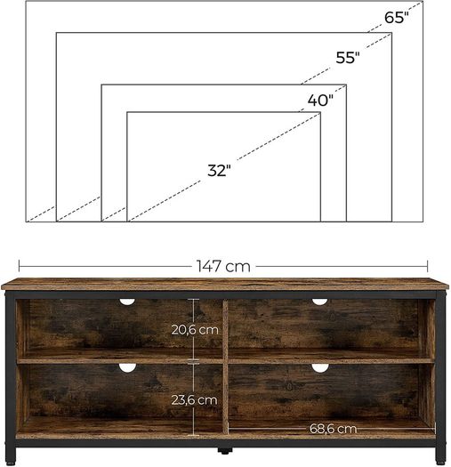 _TV Cabinet, TV Shelf, Lowboard for TVs up to 65 inches, 4 Open Compartments, Adjustable Shelves, Industrial Design, Vintage Brown/Black