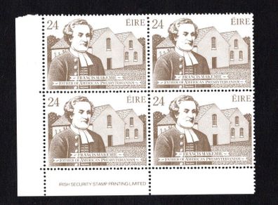 1982 Ireland 300th Anniversary of the Ordination of Francis McKemie Commemorative Stamps Imprint Block of 4 Mint Never Hinged (MNH)