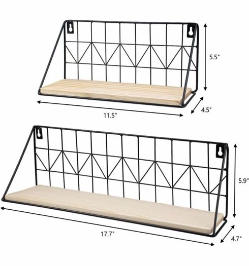 2 Wall Mounted Floating Shelves Set Wood Wall Mounted Shelf Metal Frame Storage Shelves Display Racks Home Decor Rustic for Bedroom, Bathroom, Living Room, Kitchen, Office