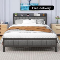 Double Bed Frame with Storage Headboard Shelf, 4ft6 Upholstered