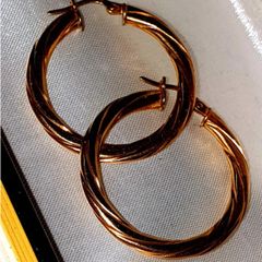 Pristine 9ct Gold 1.5" Twisted Rope Hoop Earrings