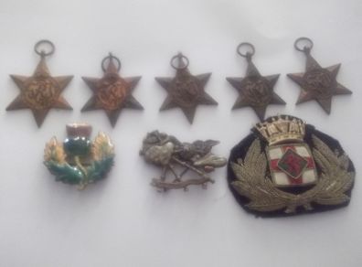 6  2an world war  medals the 1939 to 1945 star i cap badge and badge with a lion on it and enamel badge