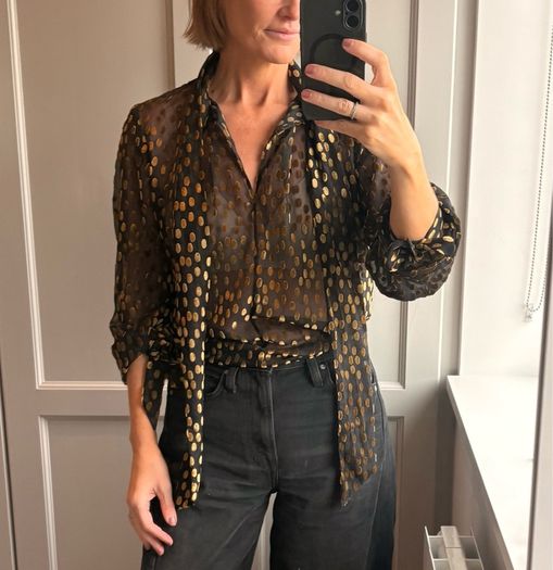 The Kooples Black and Gold Metallic Polka Dot Pussy-Bow Blouse