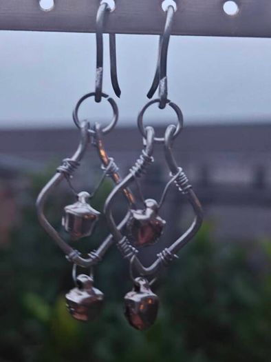 Stainless Steel Earrings with Bells, Handmade Wire Art, Geometric Dangles