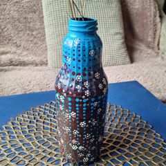 Hand Painted Blue and Brown Floral Bottle