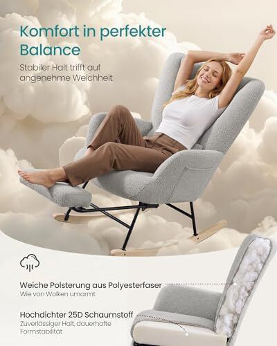Rocking Chair Removable Cushion Side Pockets Wooden Legs Dove Grey