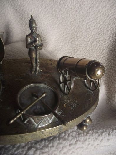 Victorian Brass Inkwell Desk Set - Military Theme - Lozenge Mark 13th January 1883
