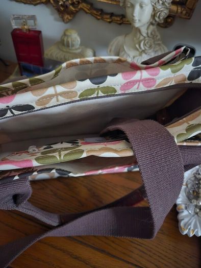 Orla Kiely Pink Green Tan Ivory Floral Stem Oilcloth Crossbody Bag