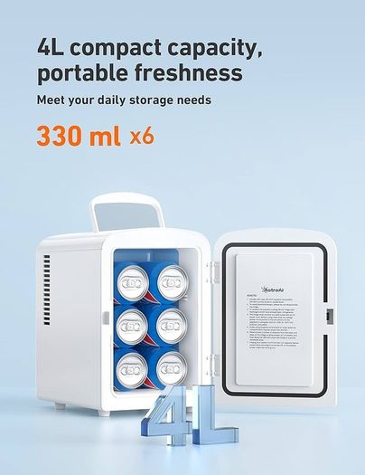 NEW SALE | Mini Fridge 4 Litre, 6 Can Portable AC+DC Power Cooler & Warmer, for Bedrooms, Cars, Offices; Skincare, Makeup, Cosmetics, Food