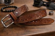 Unisex Genuine Leather Tooled Belt Vintage Floral Western Leather Belt