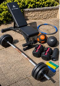 Home Gym Setup HIT Fitness Bench, Barbell, Weights & Dumbbells