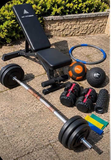 Home Gym Setup HIT Fitness Bench, Barbell, Weights & Dumbbells