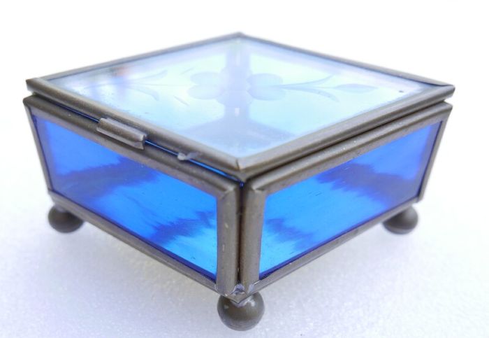 Vintage blue and clear etched flowers Brass trinket box , glass jewelry box