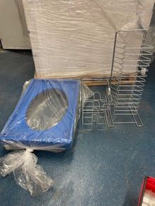Floor dollies, pizza stacking racks, screen holder