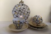 Pair of Fabulous Mid Century Modern 1950's Mix and Match Trios, in the Rare and Stunning "Manhattan" Yellow and Black Check Pattern, Paired with Woodsware "Jasmine" Utilityware saucers.