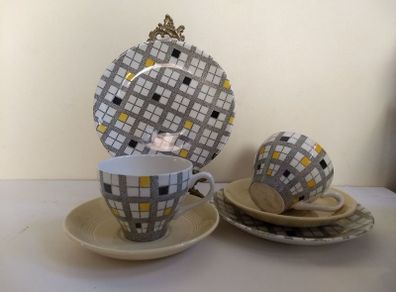 Pair of Fabulous Mid Century Modern 1950's Mix and Match Trios, in the Rare and Stunning "Manhattan" Yellow and Black Check Pattern, Paired with Woodsware "Jasmine" Utilityware saucers.