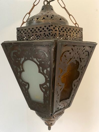 Large Vintage Moroccan Coloured Glass Hanging Lantern