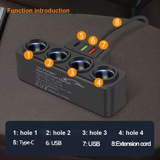 7-In-1 Multi-Function Car Charger Extendable to Rear Seats Features Type-C And Dual USB Ports Four Expansion Ports Wide Compatibility, Without Battery