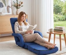 Floor Chair, 5 Adjustable Positions Folding Floor Gaming Chair with Back Support, Armrests, and Cushion, Sturdy Metal Frame with Recycled Foam and Linen Fabric, for Reading, Relaxing, Dark Blue