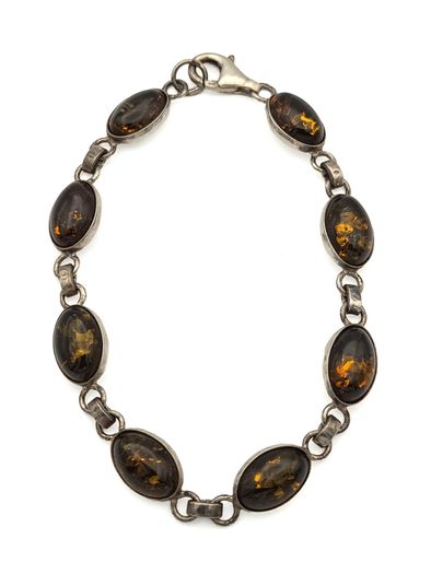Vintage 925 Sterling Silver & Dark Brown Natural Baltic Amber Bracelet