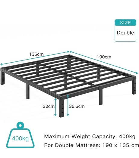 Metal Double Bed Frame Sturdy Platform Bed Underbed Storage, Steel Slat Support, Easy Assembly, Noise Free, Heavy Duty, 35.5cm High