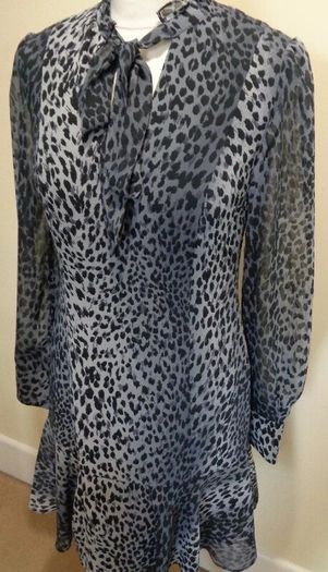 Karen Millen Grey and Black Animal Print Dress with Tie Neck Detail