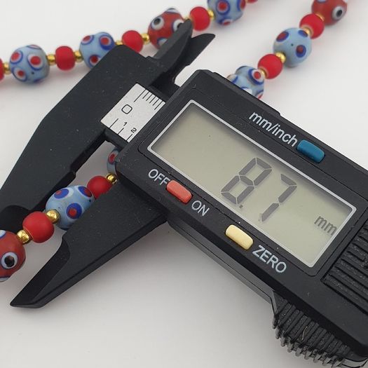 Antique Venetian Style Blue Skunk Eyes & Red Venetian WhiteHeart Glass Beads Necklace