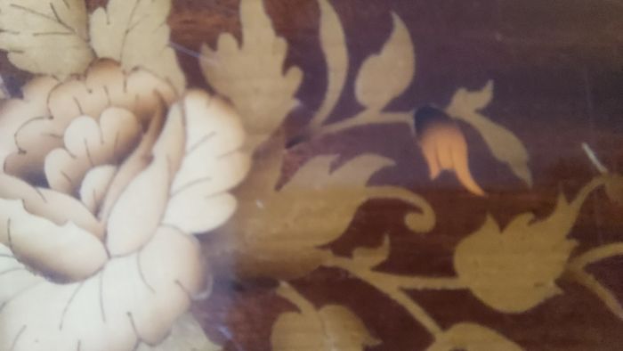 Vintage Mid Century Side Table with a Handmade Marquetry Panel Top Featuring a Floral Motif, Unknown Maker, Presume Italian-Made, Condition Issues, Needs Restoring