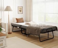 Folding single bed 200 x 80 cm with mattress, portable folding guest bed on casters, steel frame, white
