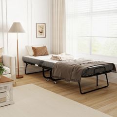 Folding single bed 200 x 80 cm with mattress, portable folding guest bed on casters, steel frame, white