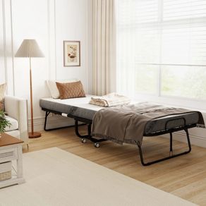 Folding single bed 200 x 80 cm with mattress, portable folding guest bed on casters, steel frame, white