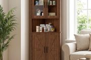 Tall Corner Storage Cabinet with Barn Doors, 5-Tier Farmhouse Corner Cabinet for Living Room, 2 Wooden Doors,2 Glass Door and 5 Shelves, Space Saving Freestanding Sideboard for Home, Kitchen,Brown